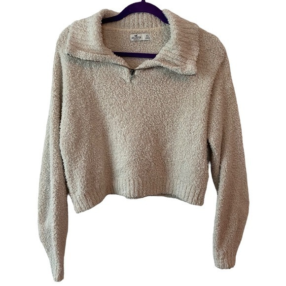 Hollister Women’s Ivory Sherpa Mock Neck 1/4 Zip  Cropped Sweater‎   Sz XS - Picture 1 of 6